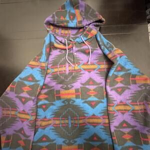 Vtg 90s Santana Aztec Fleece Hoodie Southwest Tribal Pattern Pullover L